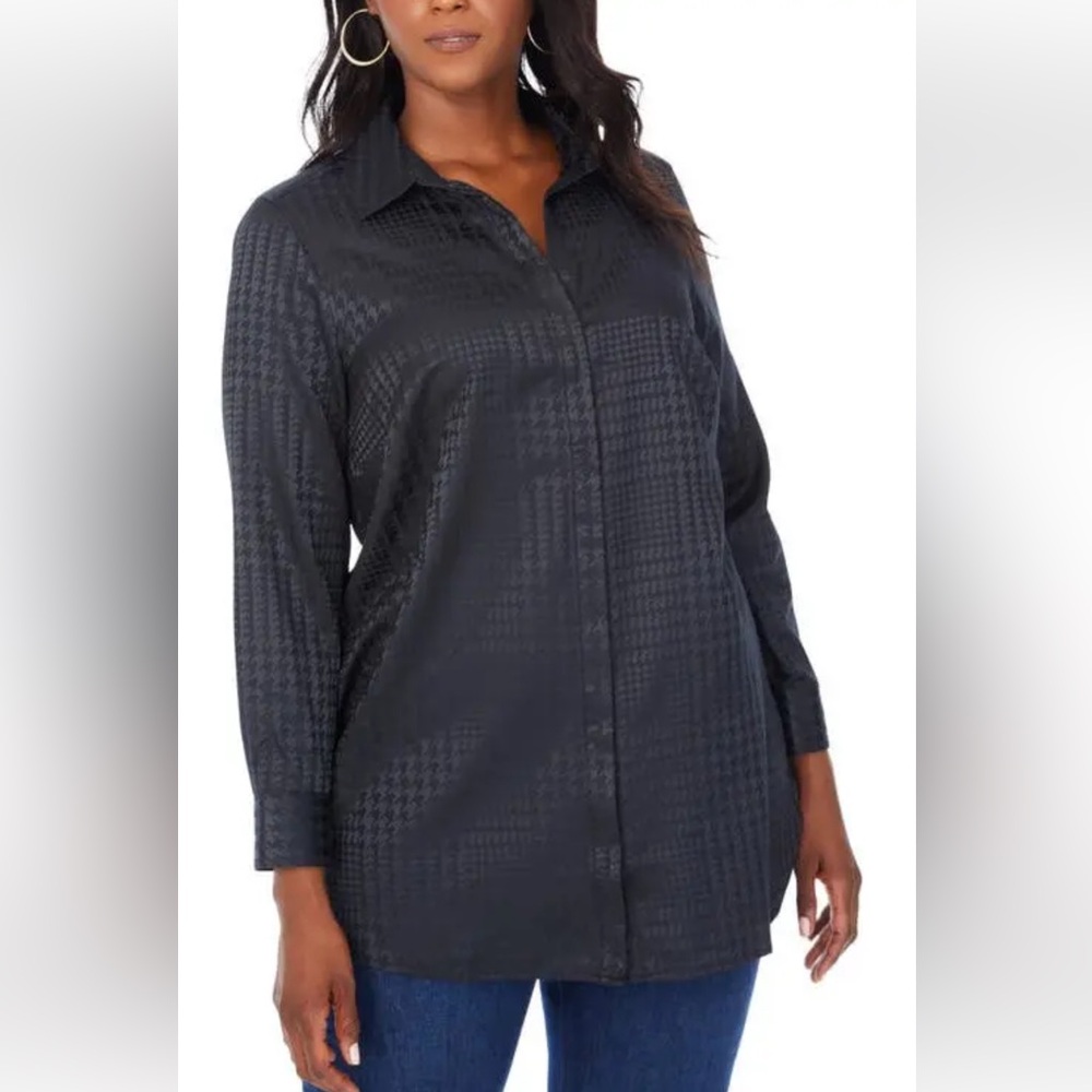 Foxcroft Vera Glen Plaid Jacquard Tunic Shirt - Black Sz 14